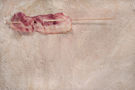 Customizable cooking recipe setup, homemade baking dough and a piece of bacon, top view の写真素材