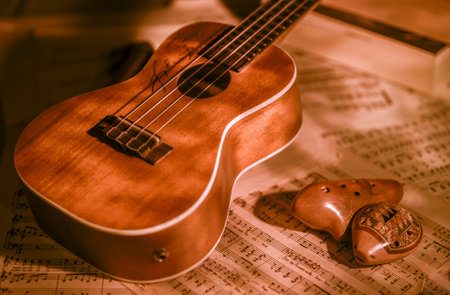 ukulele and music sheet with cute lightingの写真素材