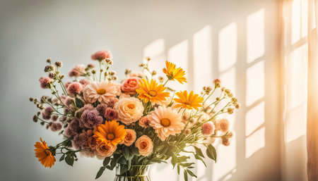 Beautiful flowers in a vase with soft evening light and copy space generative AI illustrationの素材