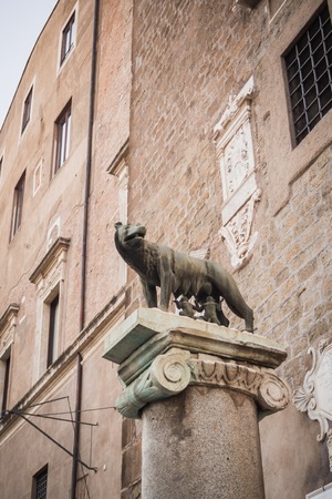 Iconic statue of the legend of Romulus and Remus fed by the wolf in Rome Italyのeditorial素材