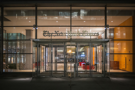 NEW YORK, USA - FEBRUARY 22, 2018: Main entrance of the famous New York Times at night in New Yorkのeditorial素材