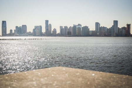 New York skyline landscape from Hudson river docks in NYCの写真素材