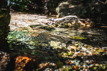 Stream of natural water source at its starting point among rocks in summerの写真素材