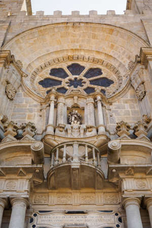 Details of the facade of the cathedral of Porto seen from the entrance, Portugalの写真素材