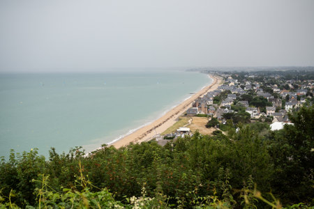 Bay of Mont Saint-Michel from a cliff in gray weather - Cote de la Manche - Franceの写真素材