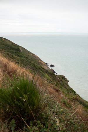 Bay of Mont Saint-Michel from a cliff in gray weather - Cote de la Manche - Franceの写真素材