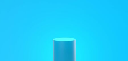 3D Illustration of blue podium cylinder or empty pedestal, blank stand for product and display on blue and minimal backgroundの写真素材