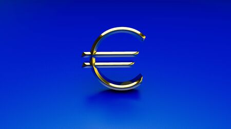 3D illustration of Golden Euro symbol on blue backgroundの写真素材