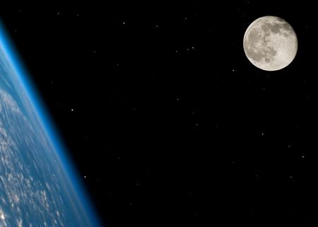 Near full moon on a large star field with the Earth in the foregroundの写真素材