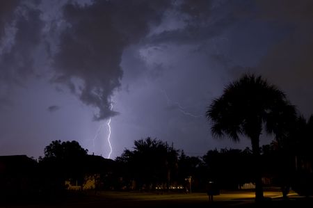 Electrical storm at night near homes with a palm tree in foreground