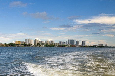 South Daytona skyline showing numerous condo high rise building from a water craftの写真素材