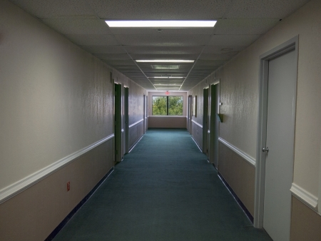 Empty hospital hallway with trees showing through the windowのeditorial素材