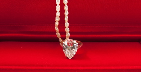 diamond ring and pearl necklace with red box 