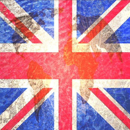 Union Jack or United Kingdom or British or England flag artwork on world map abstract grunge backgroundの写真素材