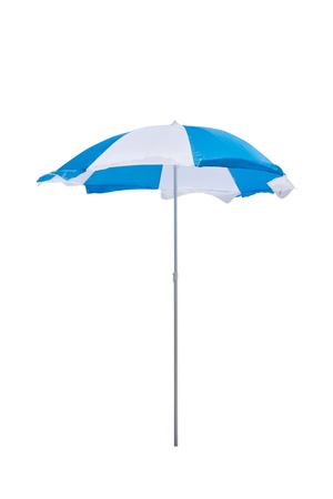 Blue and white beach umbrella isolated on white backgroundの写真素材