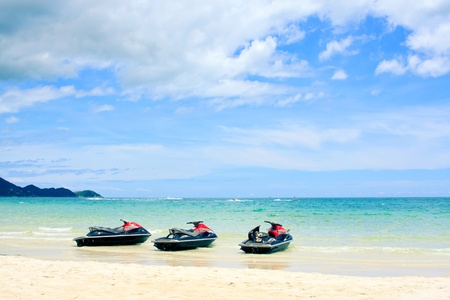 three jetski on the beach  Koh Samui,Thailandの写真素材