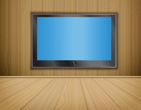 lcd TV screen on wood background,room interiorの写真素材