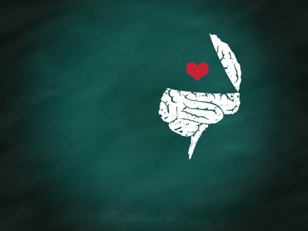 Brain connection to heart by hand drawing on green chalkboard,relations conceptの写真素材