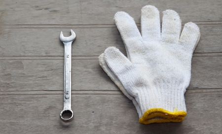 Grunge  old home tools   wrench  on  wood floor backgroundの写真素材