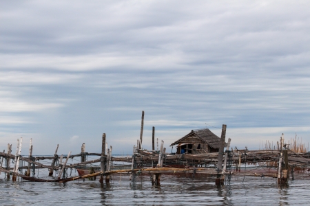 Thai Fishing house farm and  Fishing Equipment  made by bamboo  in Thai gulfの写真素材