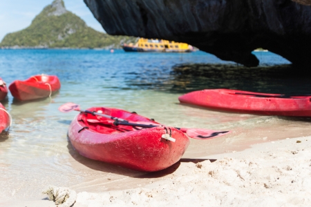 Red kayaks on the tropical beach, Thailandの写真素材