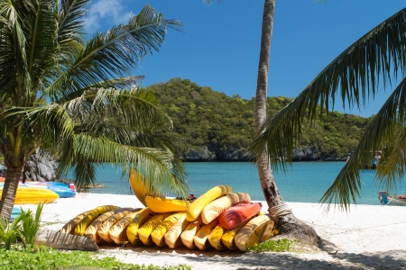 Colorful kayaks on the tropical beach, Thailandの写真素材