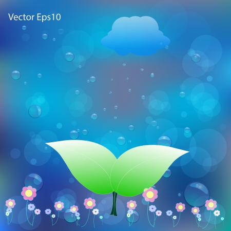 Green leaf on water bubbles and bokeh gradient blue background,Vector eps10 のイラスト素材