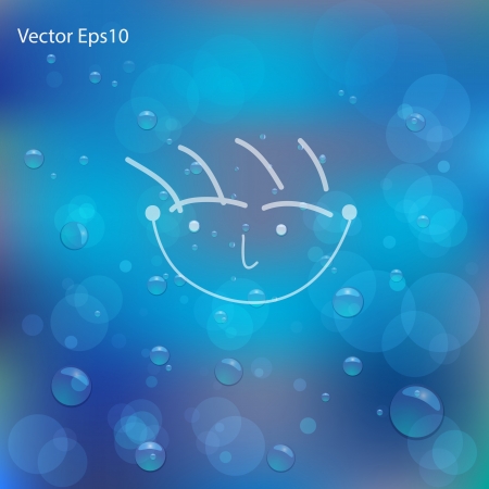 Hand drawn smile face on water bubbles and bokeh gradient blue backgroundのイラスト素材