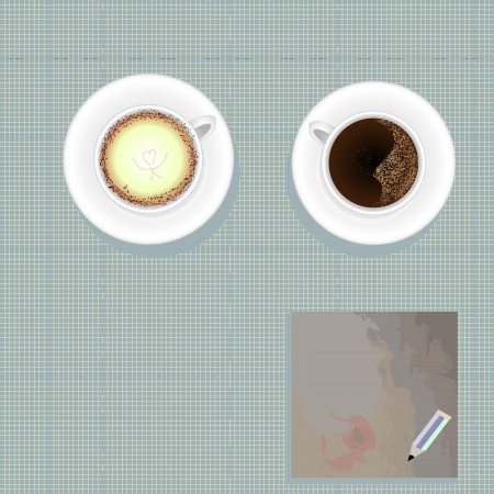 Couple Coffee Cup,paper And Pencil On Blue Grid Backgroundのイラスト素材