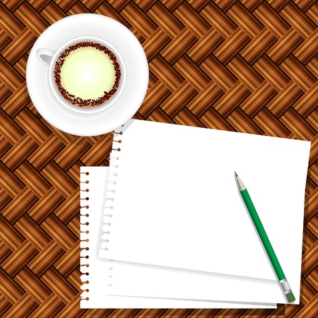 Coffee and paper note on seamless brown wooden background.のイラスト素材