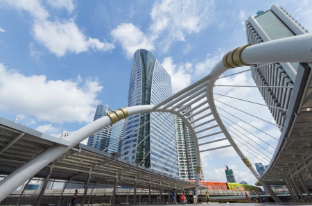 BANGKOK -JULY 7  View of high buildings and public sky walk for transit between Sky Transit and Bus Rapid Transit Systems at Sathorn-Narathiwas junction on July 7, 2013 in Bangkok, Thailand  のeditorial素材