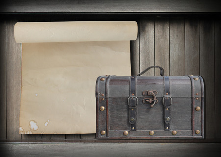  Old brown paper and  luggage on grunge wood boardの写真素材