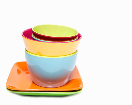 Melamine colorful  set of bowl cup and dish on white backgroundの写真素材