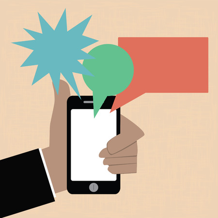Business hand holding smart phone with bubble talkのイラスト素材