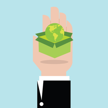 Eco green box and globe icon in hand,vector ecology conceptのイラスト素材