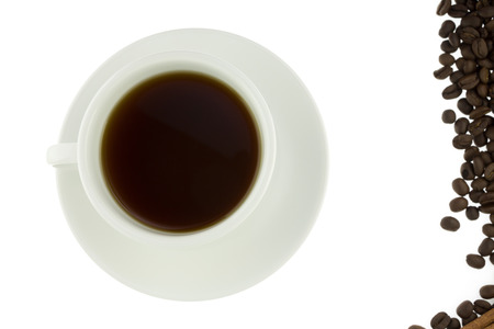 White coffee cup and beans isolated on white backgroundの写真素材