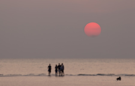 Seascape sunset with people and dog with blurred filter backgroundの写真素材