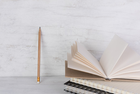 Back to school,Notebook and pencil on white wood backgroundの写真素材