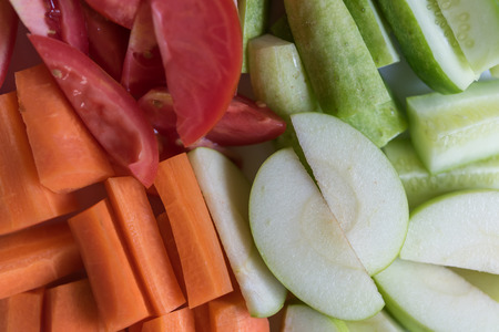 Colour of healthy with carrot,cucumber,potato,apples,top viewの写真素材