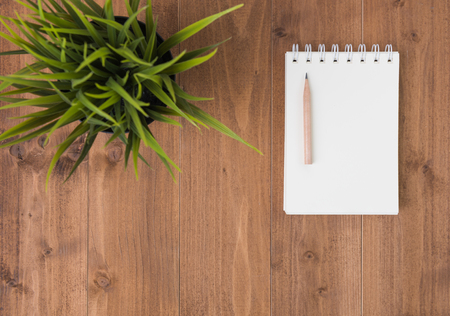Minimal work space,notebook, brown pencil,plant on wood table background,top viewの写真素材