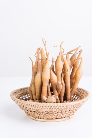 Finger root  on bamboo basket over white background,useful for  Thai herbs,spices and food ingredientの写真素材