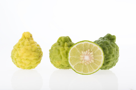 Kaffir lime,Bergomot isolated on white background,Hair spa treatmentの写真素材