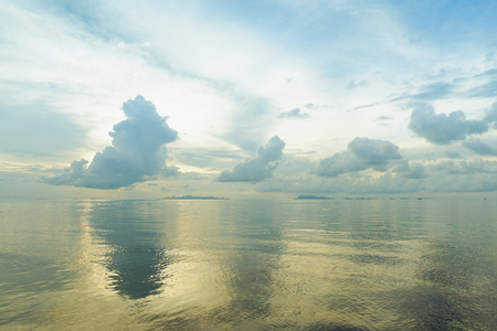 Panoramic dramatic sunset sky and tropical sea at duskの写真素材