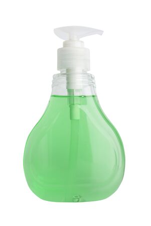 Green bottle of sanitizer or liquid soap for hand hygiene to protect from corona virus isolated over white backgroundの写真素材