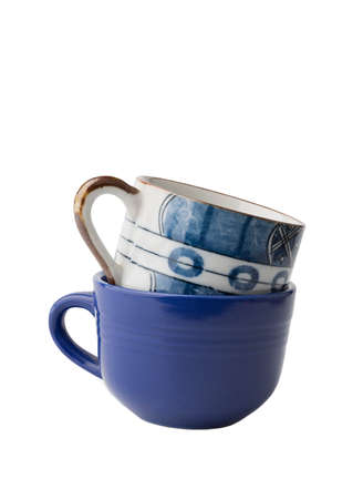 Blue coffee cups  isolated on white background with clipping pathの写真素材