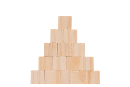 Wood cube model  set in pyramid shape isolated on white backgroundの写真素材