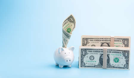 Piggy bank and stack of dollar banknotes on blue background,saving and investment conceptの写真素材