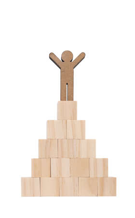 People model stand on wood cube  set in pyramid shape isolated on white backgroundの写真素材