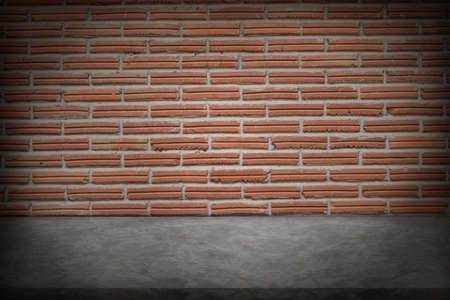 Perspective concrete shelf for products with red brick wall backgroundの写真素材