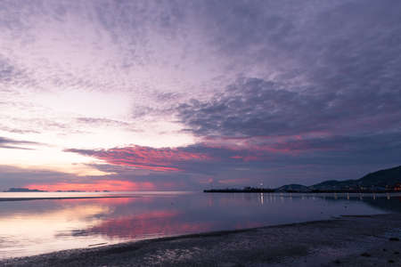 Panoramic tropical  purple sea sky sunset with golden light background ,long exposure,Samui island,thailandの写真素材
